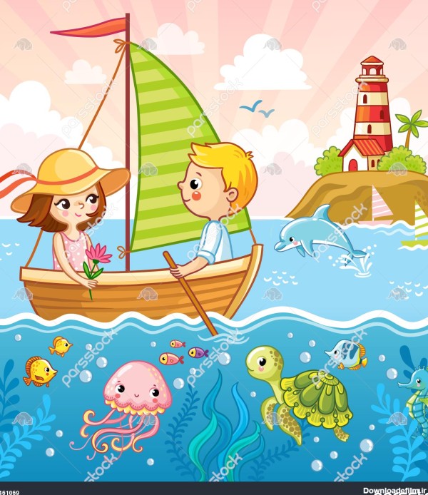 یک پسر و یک دختر در حال قایقرانی با یک قایق بادبانی کنار دریا ...