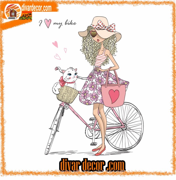 پوستر دیواری طرح کارتونی دختر دوچرخه سوار | دیواردکور