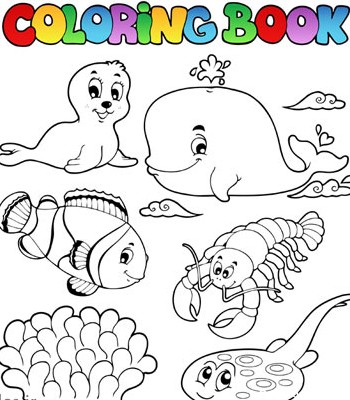 طرح کارتونی موجودات دریایی مناسب برای کتاب کار و کتابهای نقاشی کودکان