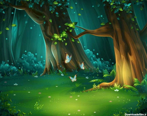 تصویر کارتونی جنگل با درختان سبز و پروانه ها - GFXtreme