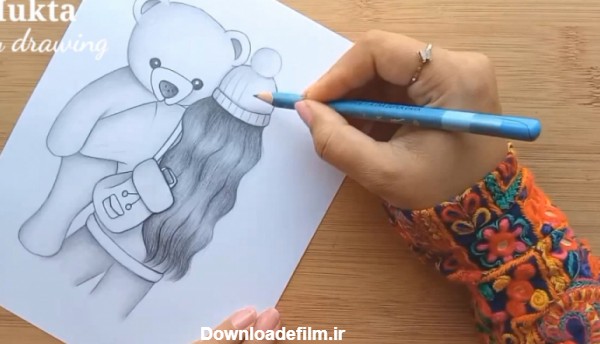 آموزش نقاشی سیاه قلم / دختر و خرس
