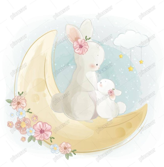 وکتور نقاشی خرگوش مادر با بچه خرگوش روی هلال ماه - وکتور تصویرسازی ...
