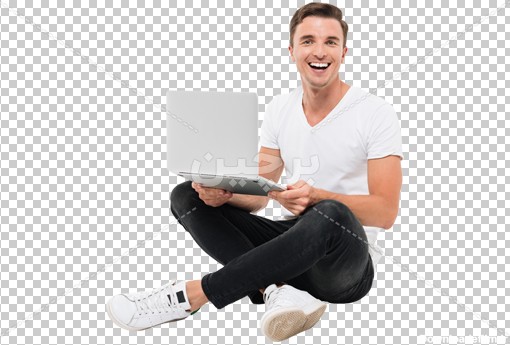 Borchin-ir-stockphoto of smiling happy man sitting and holding laptop photo_png دانلود عکس دوربری شده مرد جوان خندان و لپ تاپ در دست با فرمت۲ png