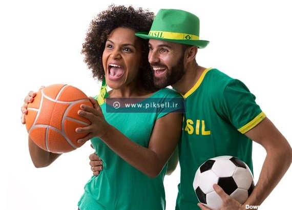 عکس با کیفیت از زن و مرد با توپ بسکتبال و فوتبال (طرفداران ورزش)