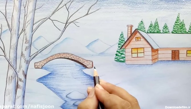 آموزش نقاشی کودکانه منظره برفی با مداد رنگی