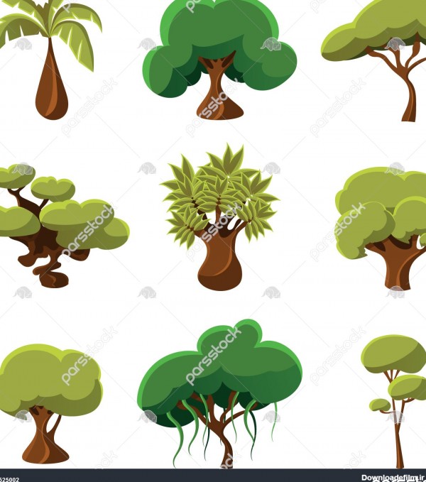 درختان کارتونی برگ ها و بوته ها تصویر برداری را تنظیم می کنند 1525002