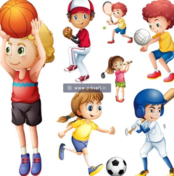 وکتور لایه باز مجموعه کاراکترهای کارتونی بچه ها در حال ورزش و بازی