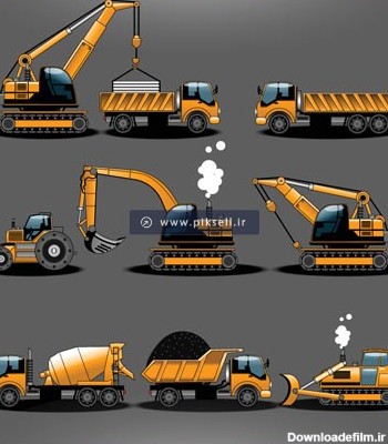 فایل کارتونی مجموعه ماشین های سنگین شامل کامیون ، بولدوزر، لودر ...