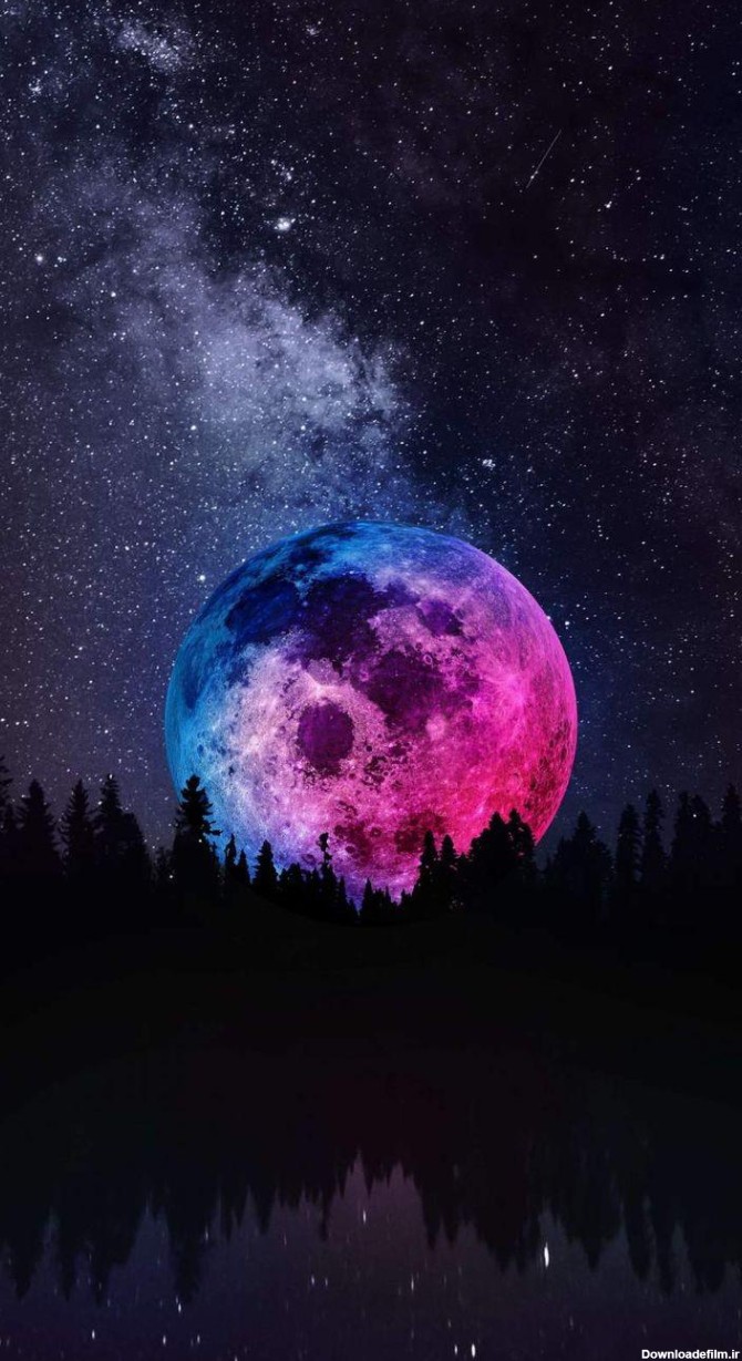 عکس زمینه ماه رنگی در آسمان پر ستاره زیبا شب پس زمینه | والپیپر گرام