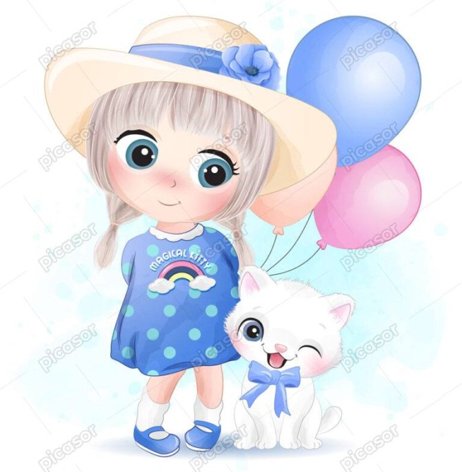 وکتور دختربچه و گربه سفید- وکتور دختربچه نقاشی آبرنگی با المانهای بچه گربه و بادکنهای رنگی