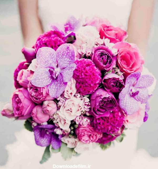 مدل های جدید دسته گل عروس با ارکیده سفید و بنفش، صورتی و گل رز