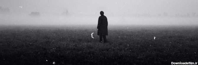 مرد تنها در طبیعت ترسناک و با فاصله زیاد از دوربین تصویربرداری سیاه و سفید وسط مه