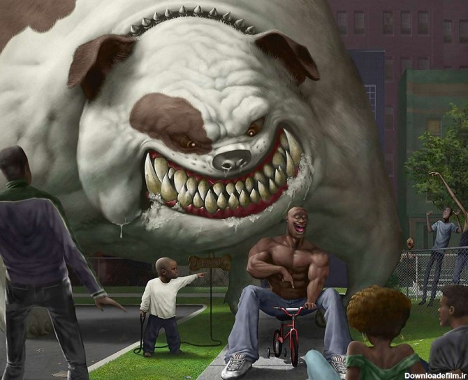 نقاشي ديجيتالي يک سگ سفيد بزرگ و چند انسان