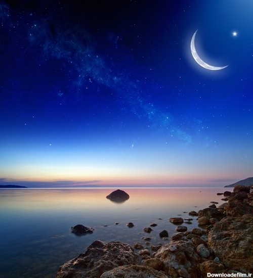 عکس با کیفیت از دریا و ماه و ستاره (شب مهتابی)