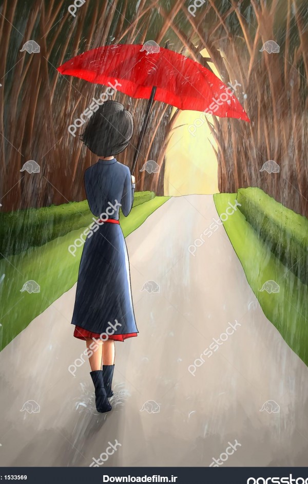 نقاشی دیجیتال دختر تنها باران چتر قرمز درختان نقاشی دیجیتال 1533569