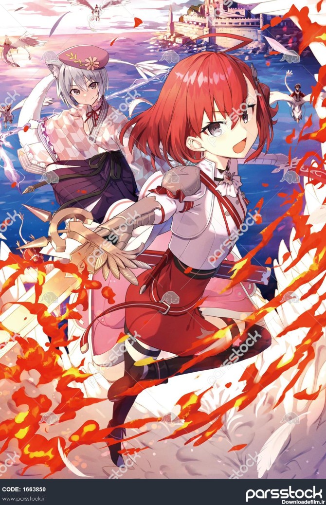 انیمه دو دختر جنگجو کنار دریا با شمشیر و موهای قرمز و سفید 1663850