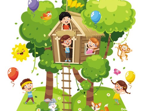 دانلود وکتور طرح گرافیکی و کارتونی بچه های شاد در خانه درختی
