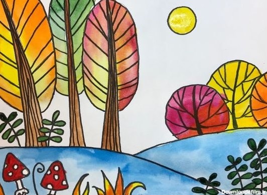 نقاشی پاییز دخترانه ساده و کودکانه | نقاشی برگ پاییزی زیبا و فانتزی