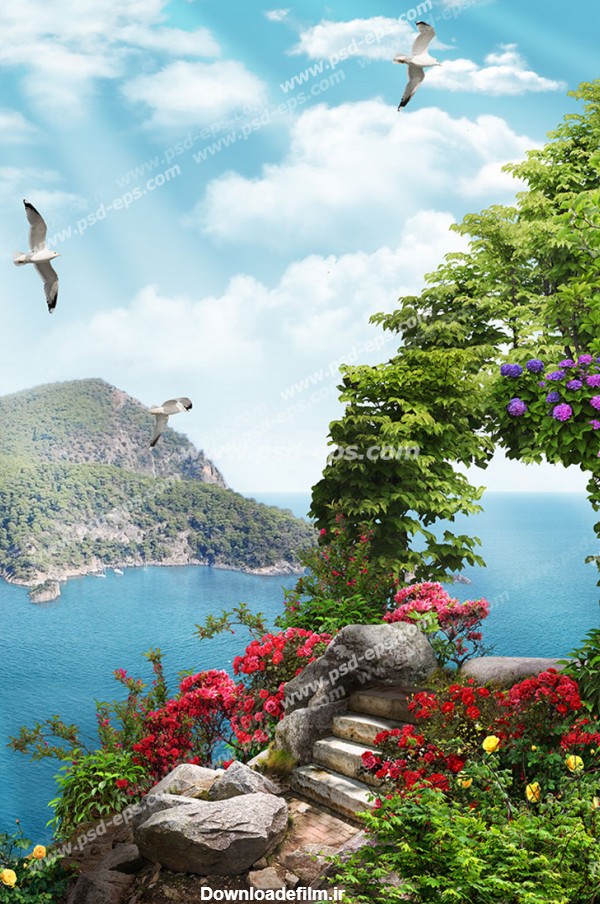 عکس با کیفیت تبلیغاتی صخره سبز زیبا پر از گل و بوته در کنار دریای ...