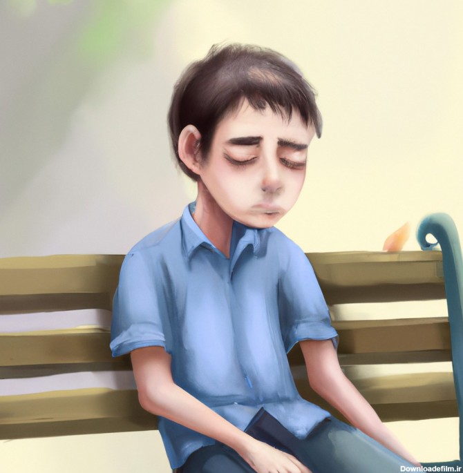یک پسرک غمگین، نشسته روی نیمکت، پیراهن آبی، چهره غمگین | هوش ...