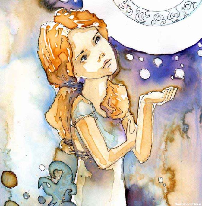 دانلود تصویر نقاشی دختر بچه و ماه