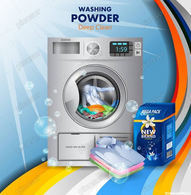 وکتور تبلیغاتی ماشین لباسشویی پاک کننده و مواد شوینده، گل و حباب و کف