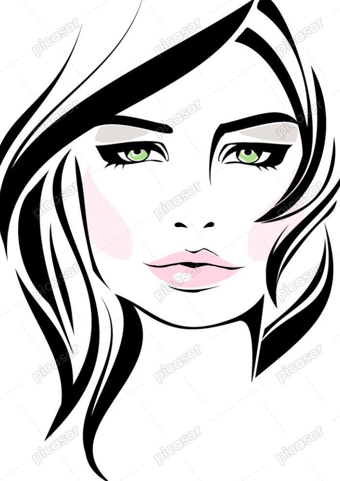 وکتور چهره زن جوان با آرایش و موهای بلند - وکتور تصویرسازی صورت زن ...