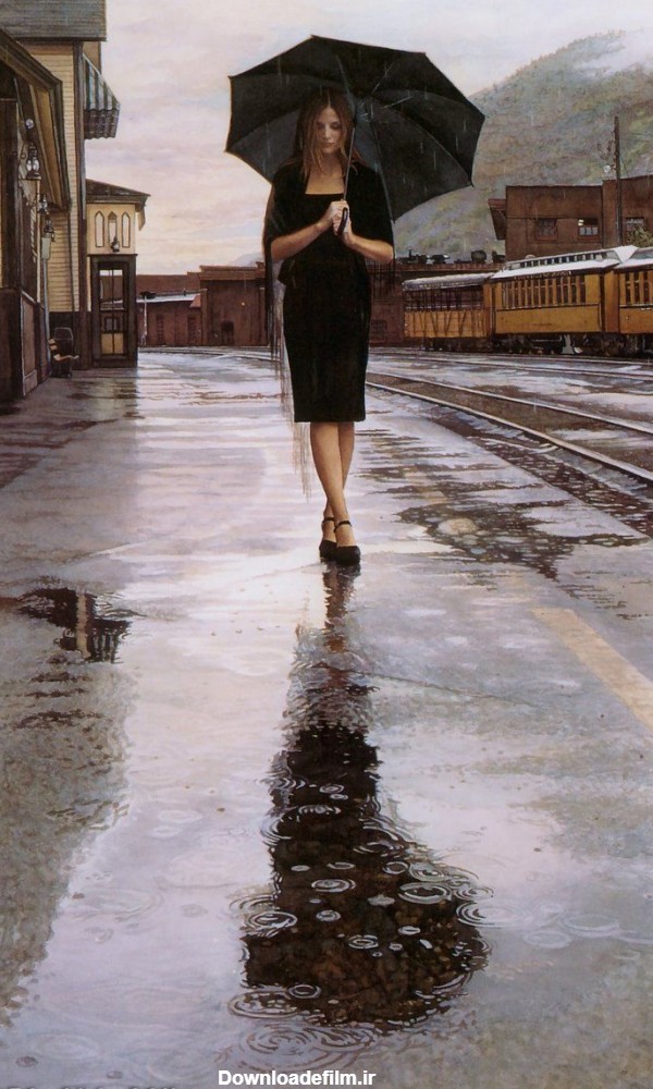 نقاشی دختر زیر باران girl under rain painting