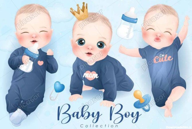3 وکتور نوزاد پسر و شیشه شیر و پستانک - وکتور تصویرسازی کودکانه از نوزاد پسر با شیشه شیر و پستانک