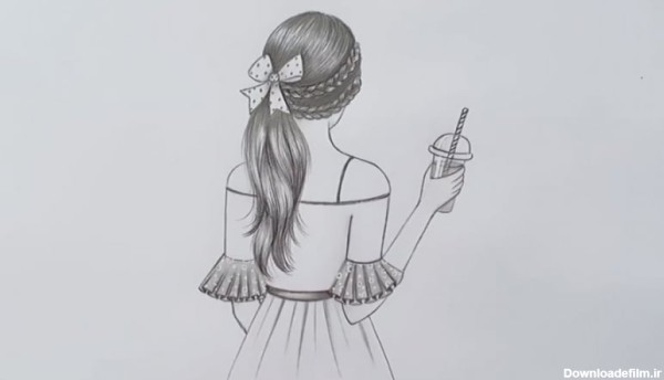 آموزش نقاشی سیاه قلم دختر با نوشیدنی و نی