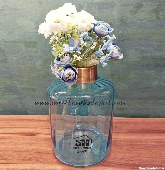 خرید و مشخصات گلدان بلوری سربرنجی آبی |گلدان شیشه ای آبی ...