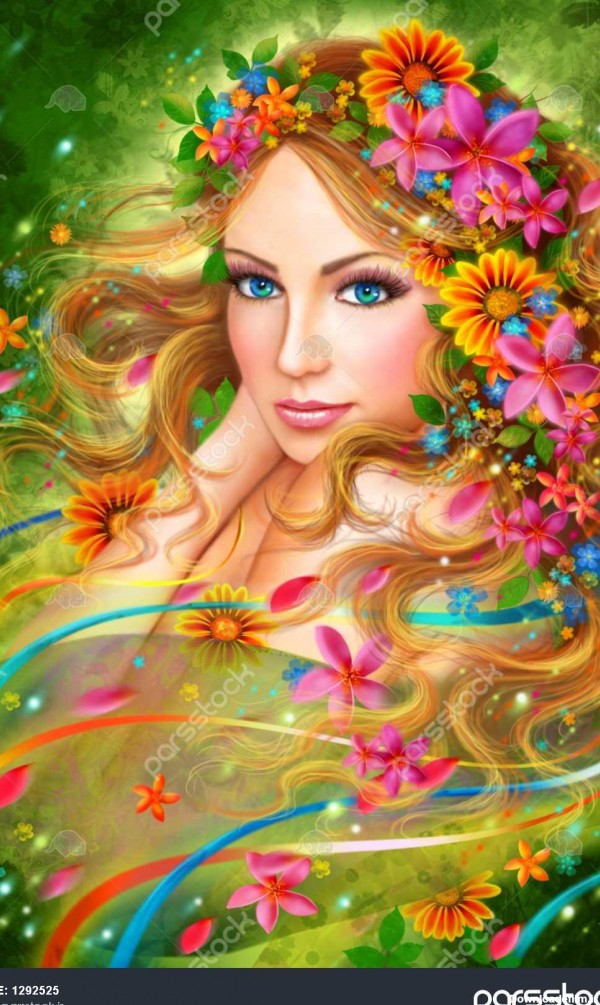 بهار فانتزی پری زیبا زن با گل های تابستانی طبیعت مد پرتره 1292525