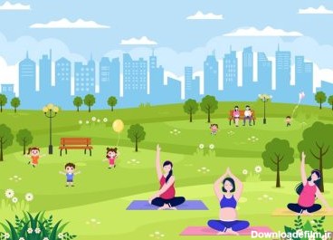 دانلود وکتور تصویر پارک شهر برای افرادی که ورزش می کنند بازی یا تفریح با درخت سبز و مناظر شهری چمن