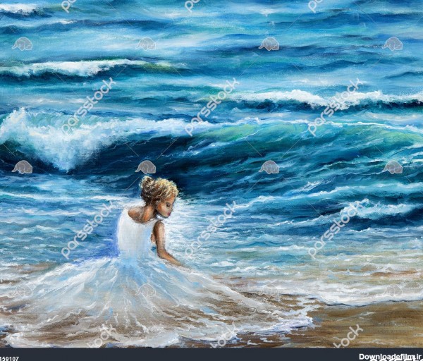 نقاشی روغنی اصلی که موج هایی را در اقیانوس یا دریا بر روی بوم نشان ...