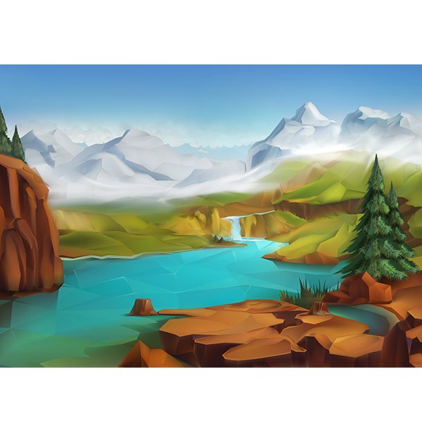 دانلود فایل لایه باز وکتور بک گراند کارتونی طبیعت ، رودخانه و کوه