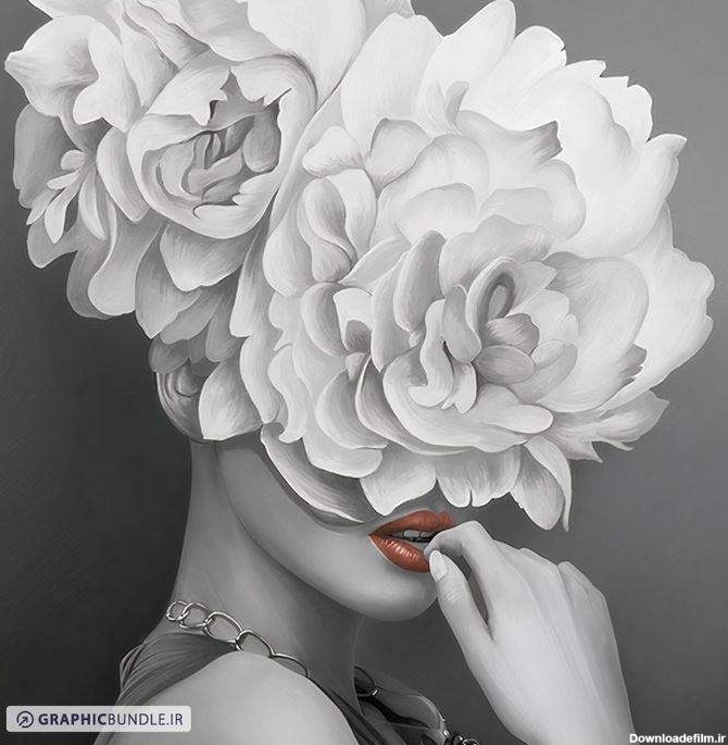 ست سه تابلوی سیاه و سفید نقاشی از پرتره زنان جوان و گل های ...