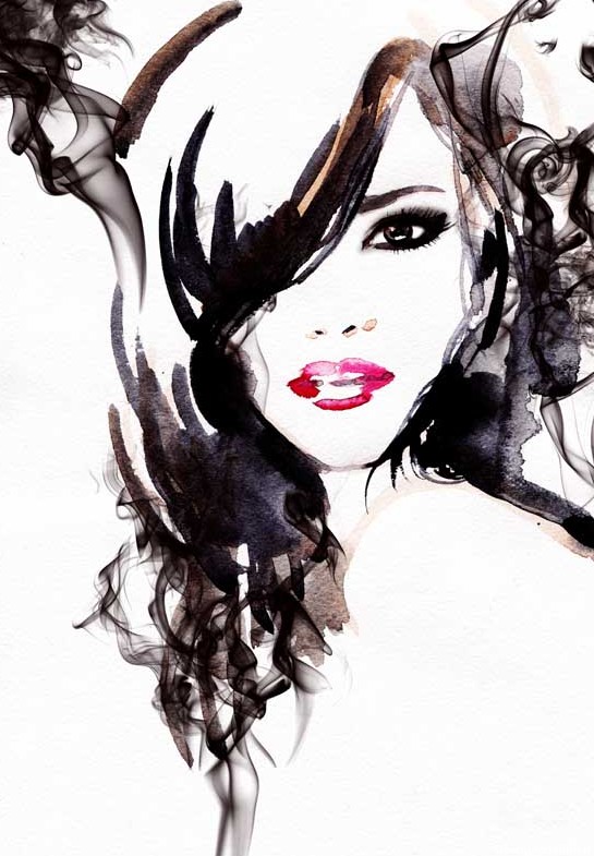 دانلود تصویر نقاشی آبرنگ چهره دختر با مو های مشکی
