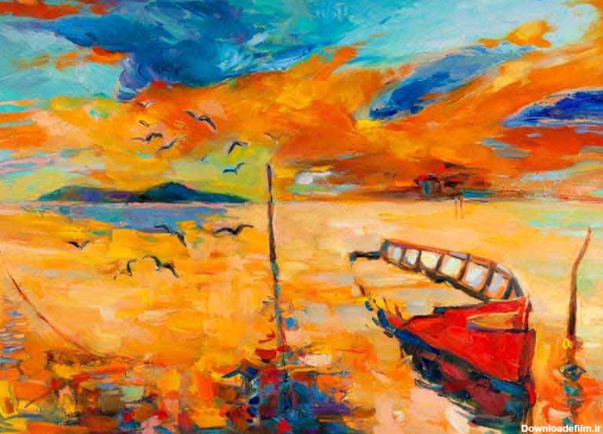 دانلود تصویر نقاشی منظره قایق در دریا