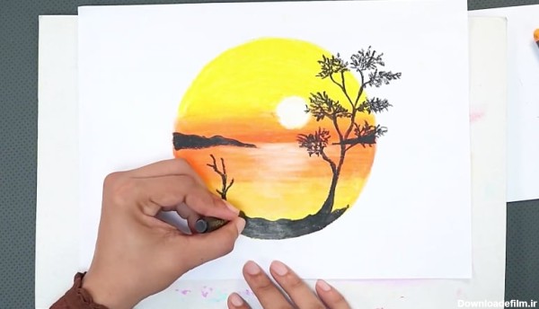 آموزش نقاشی ساده و حرفه ای با مداد شمعی - غروب خورشید