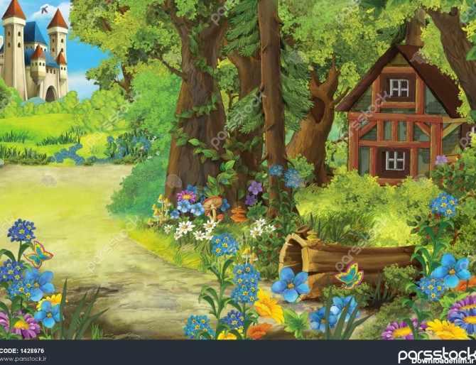 صحنه طبیعت کارتون با خانه قدیمی در جنگل و قلعه در پس زمینه تصویر ...