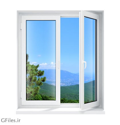 تصویر باز شدن یک پنجره دو جداره در کنار کوهستان در هوای صاف ...