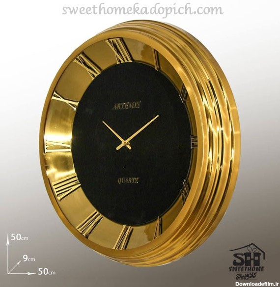 تصویر ساعت دیواری فلزی گرد آرتمیس طلایی