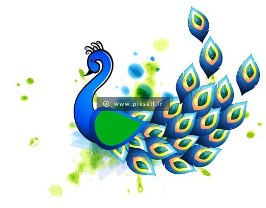 وکتور کارتونی طاووس بصورت آبرنگی با رنگ آبی