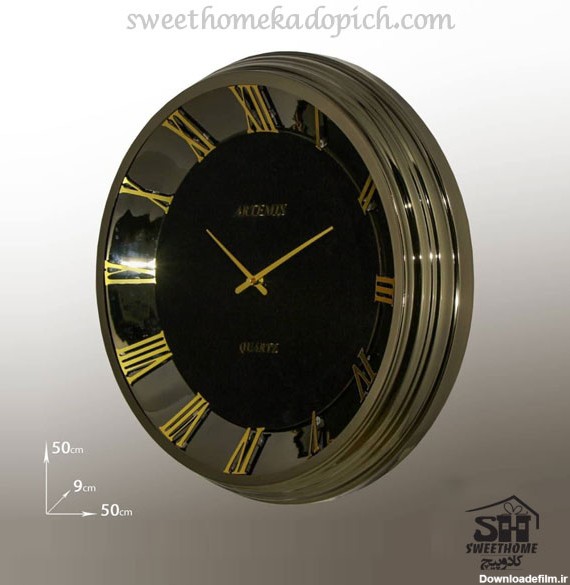 تصویر ساعت دیواری فلزی گرد آرتمیس تیتانیوم-طلایی