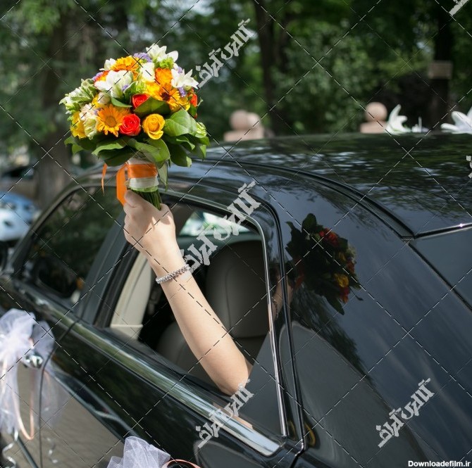 عکس دسته گل عروس بیرون از شیشه ماشین