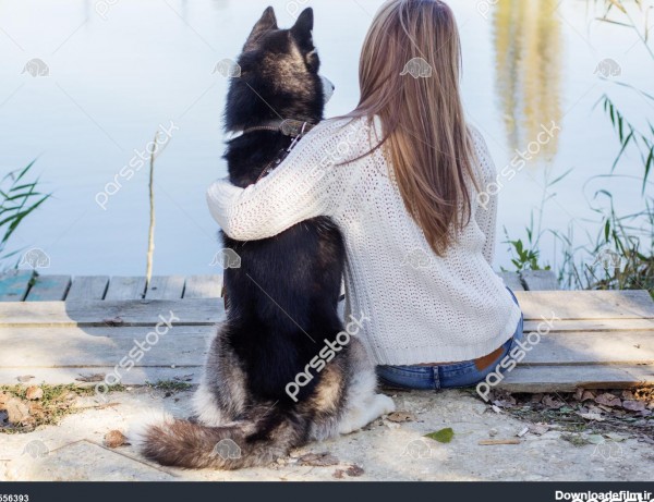 نمای عقب دختر و سگ هاسکی در کنار دریاچه نشسته است 1556393