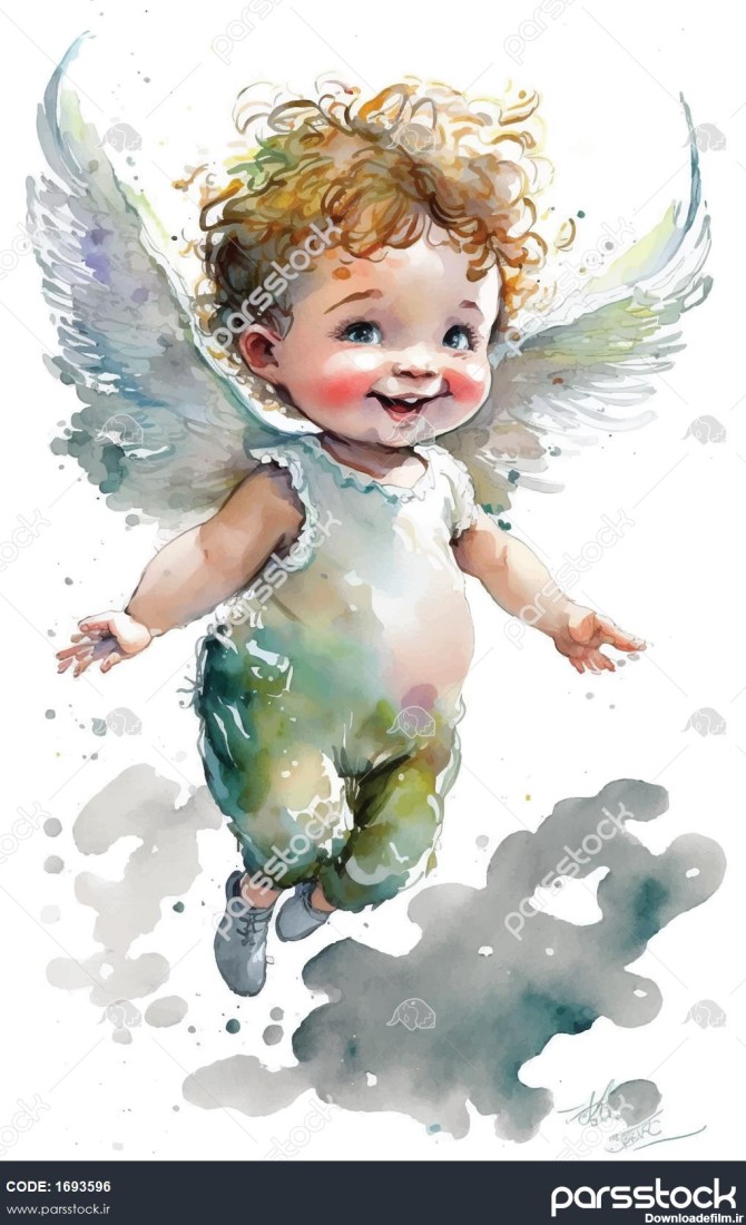 نقاشی آبرنگی از یک بچه فرشته با بال 1693596