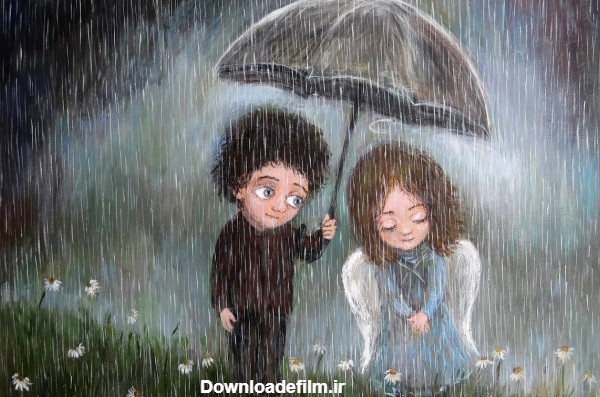 نقاشی دختر و پسر زیر باران با چتر – 123گرافیک