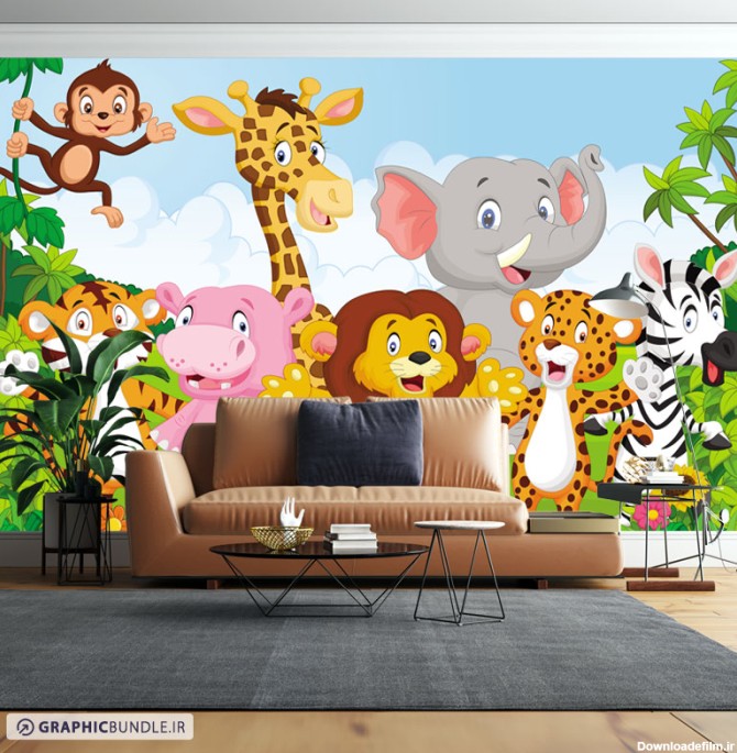 پوستر دیواری کودکانه با طرح گرافیکی از جنگل حیوانات ، زرافه ، شیر ، میمون ، پلنگ ، ببر و فیل