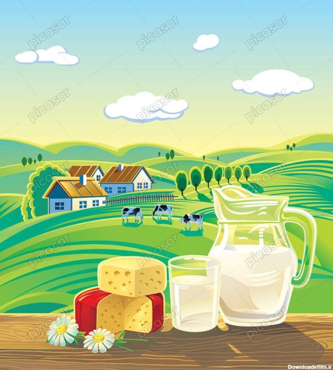 وکتور تبلیغاتی محصولات لبنی، شیر، ماست،پنیر و کره با چشم انداز مزرعه روستایی و گاو